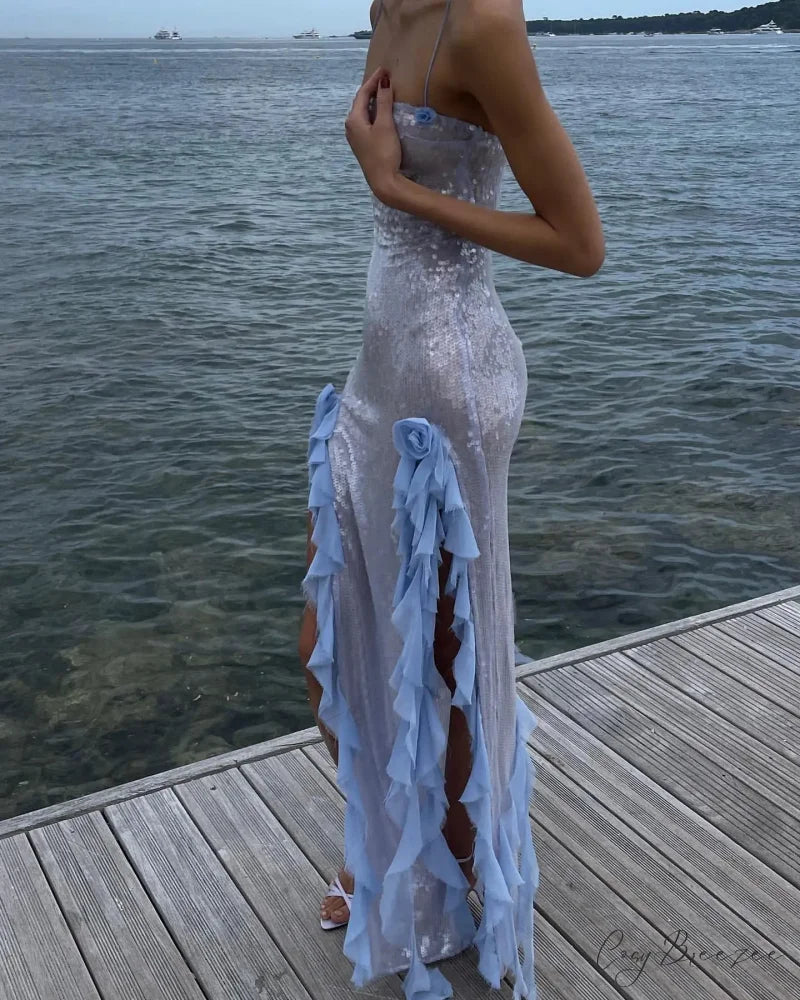 Slit Ruffle Sequin Party Dress