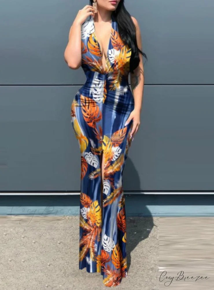 Slit Sunflower Gown Full-Length in Plunge Design Black M / BLUE