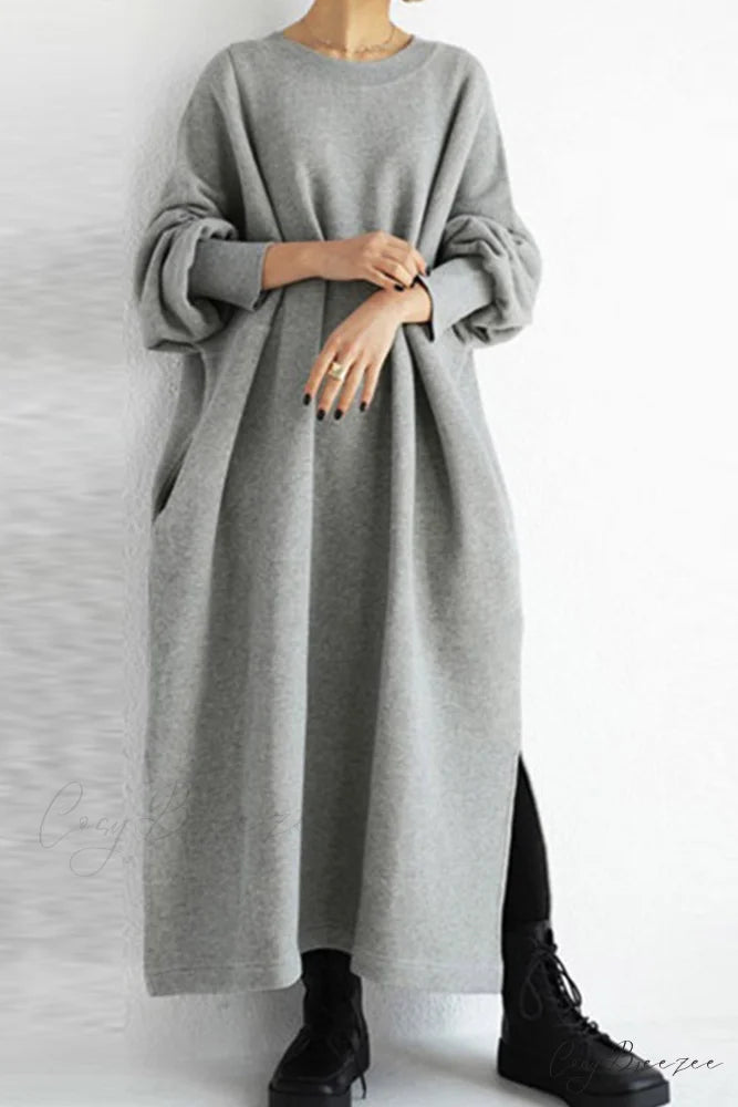 Slit Sweatshirt Dress with Crew Neck Grey / S