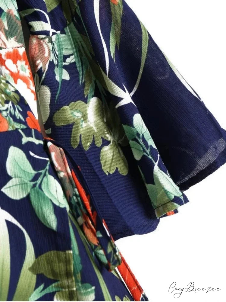 Slit Tropical Print Maxi Wrap Dress