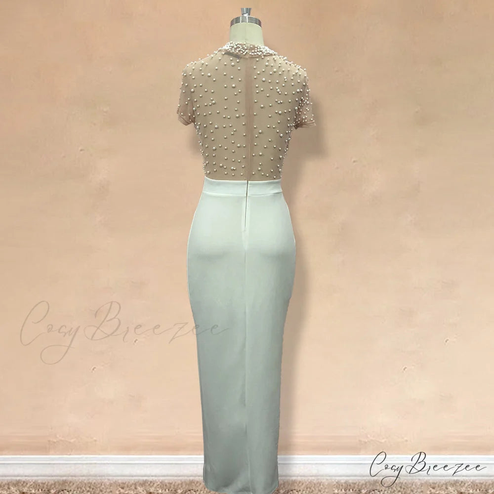 Slit Tulle Night Sexy with - Party Sleeves Gown Patchwork Transparent - Beaded for Warm-Season Outfit Brief Women