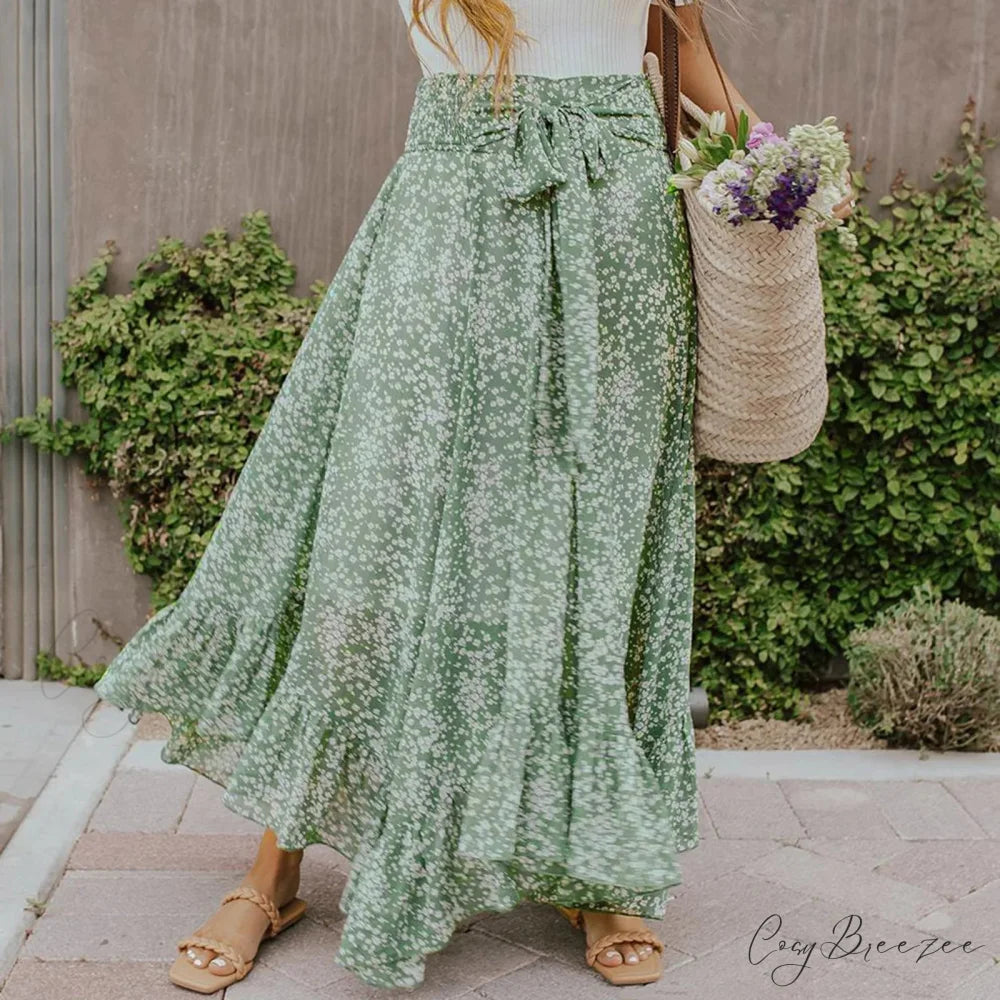 Small Floral Ruffle Korean Style High Waist Swing Long Skirt skirt-250126