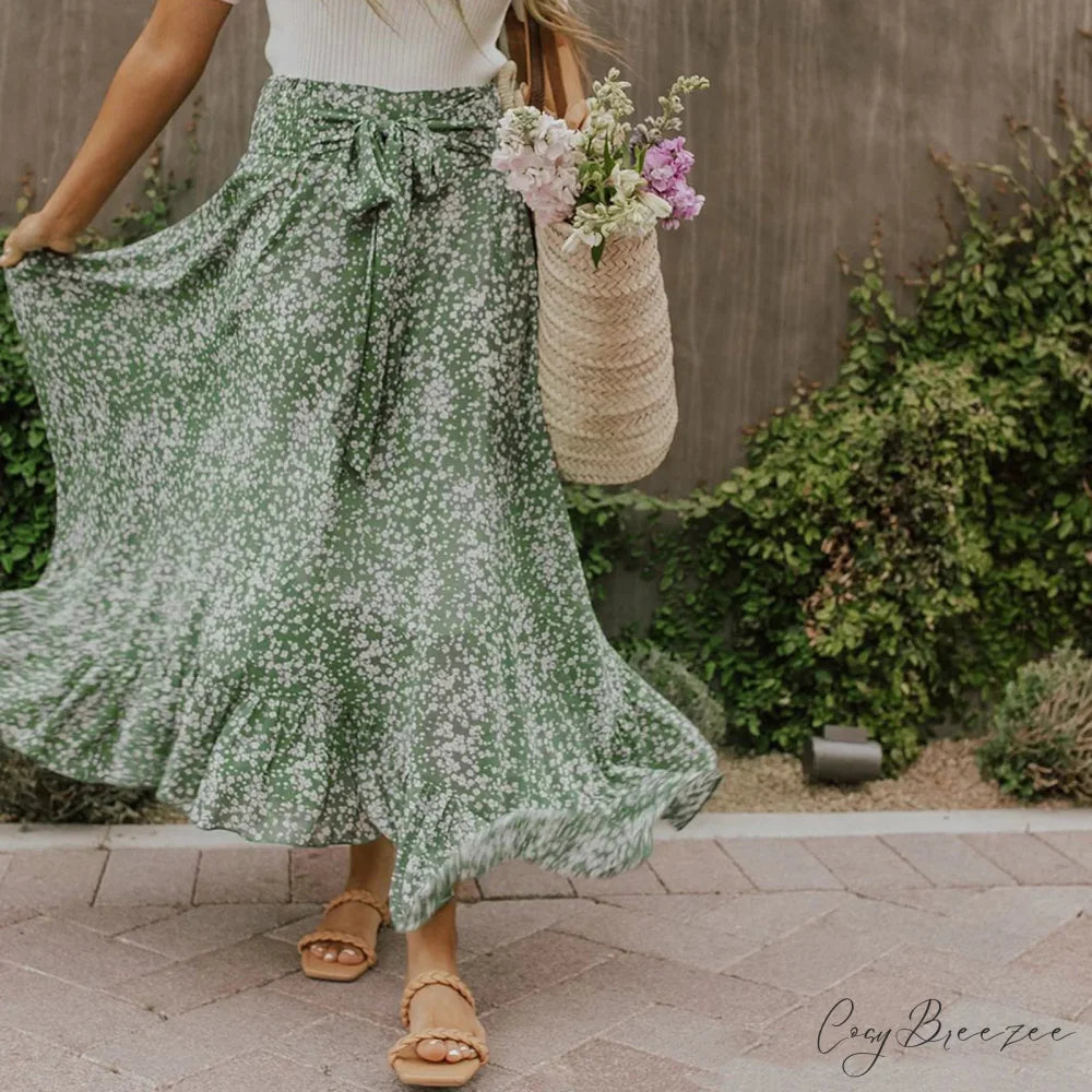 Small Floral Ruffle Korean Style High Waist Swing Long Skirt skirt-250126