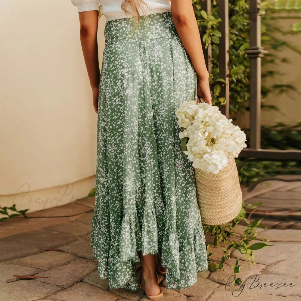 Small Floral Ruffle Korean Style High Waist Swing Long Skirt skirt-250126