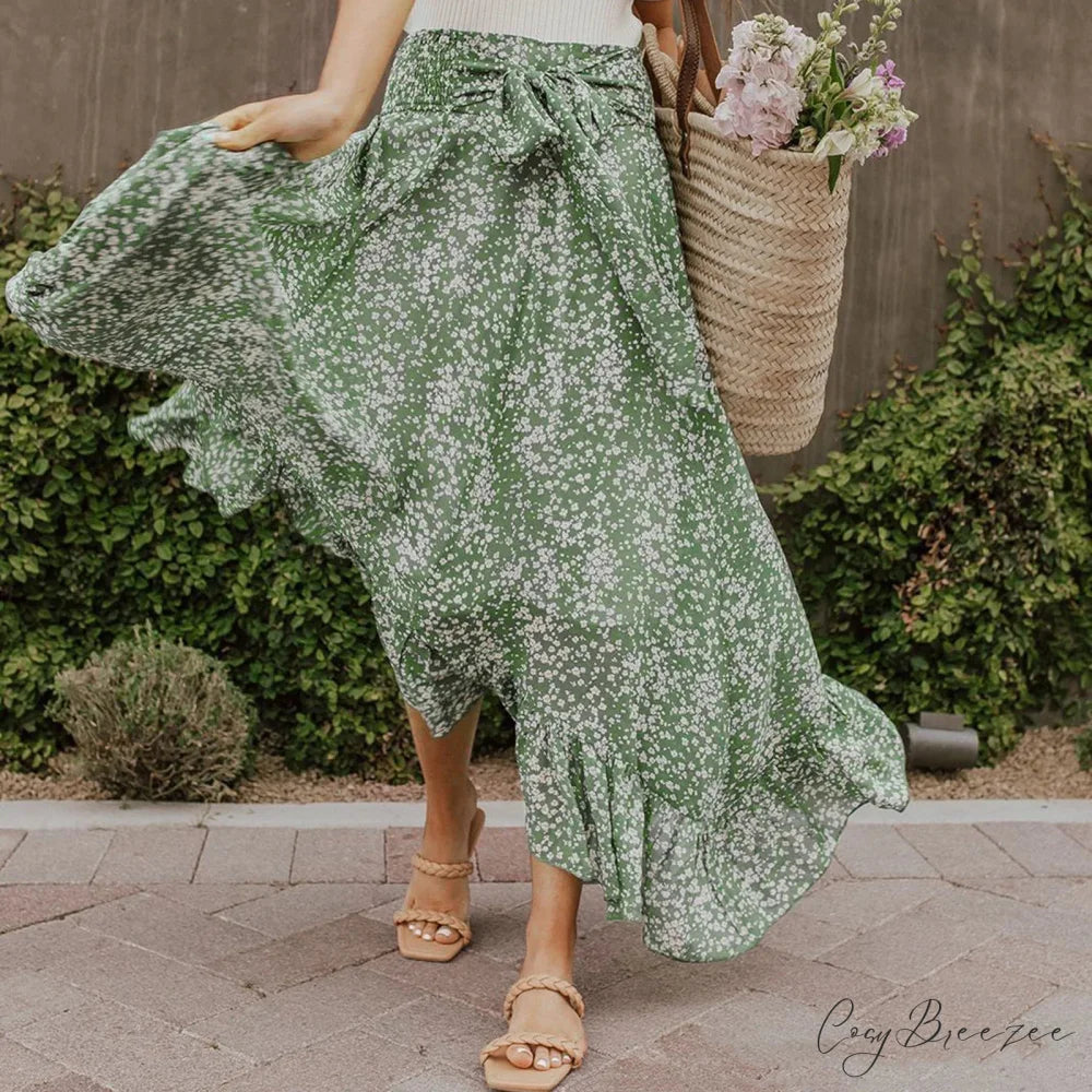 Small Floral Ruffle Korean Style High Waist Swing Long Skirt Green / S skirt-250126