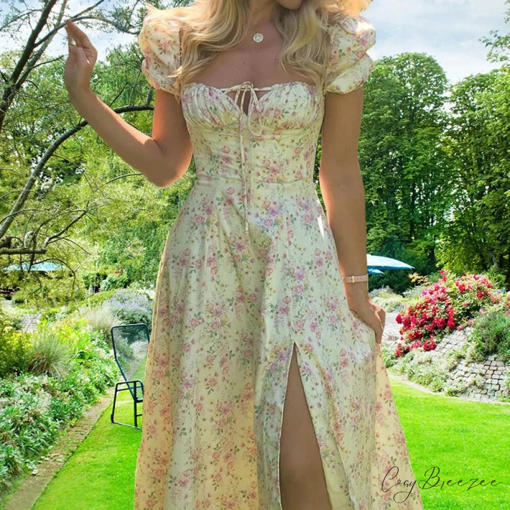 Small Fresh Floral Slim Fit Slit Camisole Dress Beige / S floraldress-250126