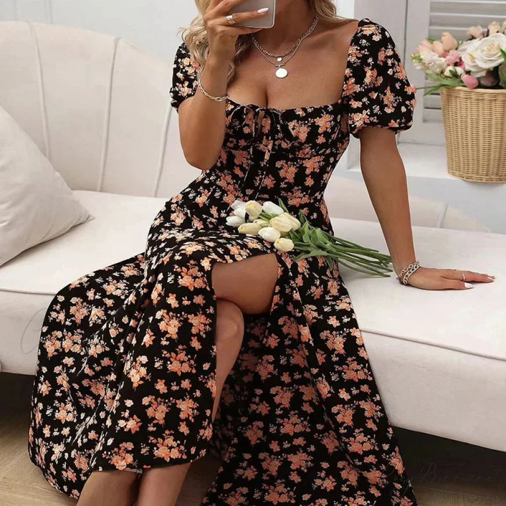 Small Fresh Floral Slim Fit Slit Camisole Dress Black / S floraldress-250126