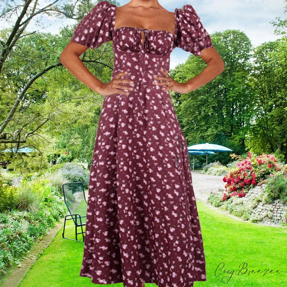 Small Fresh Floral Slim Fit Slit Camisole Dress Claret / S floraldress-250126