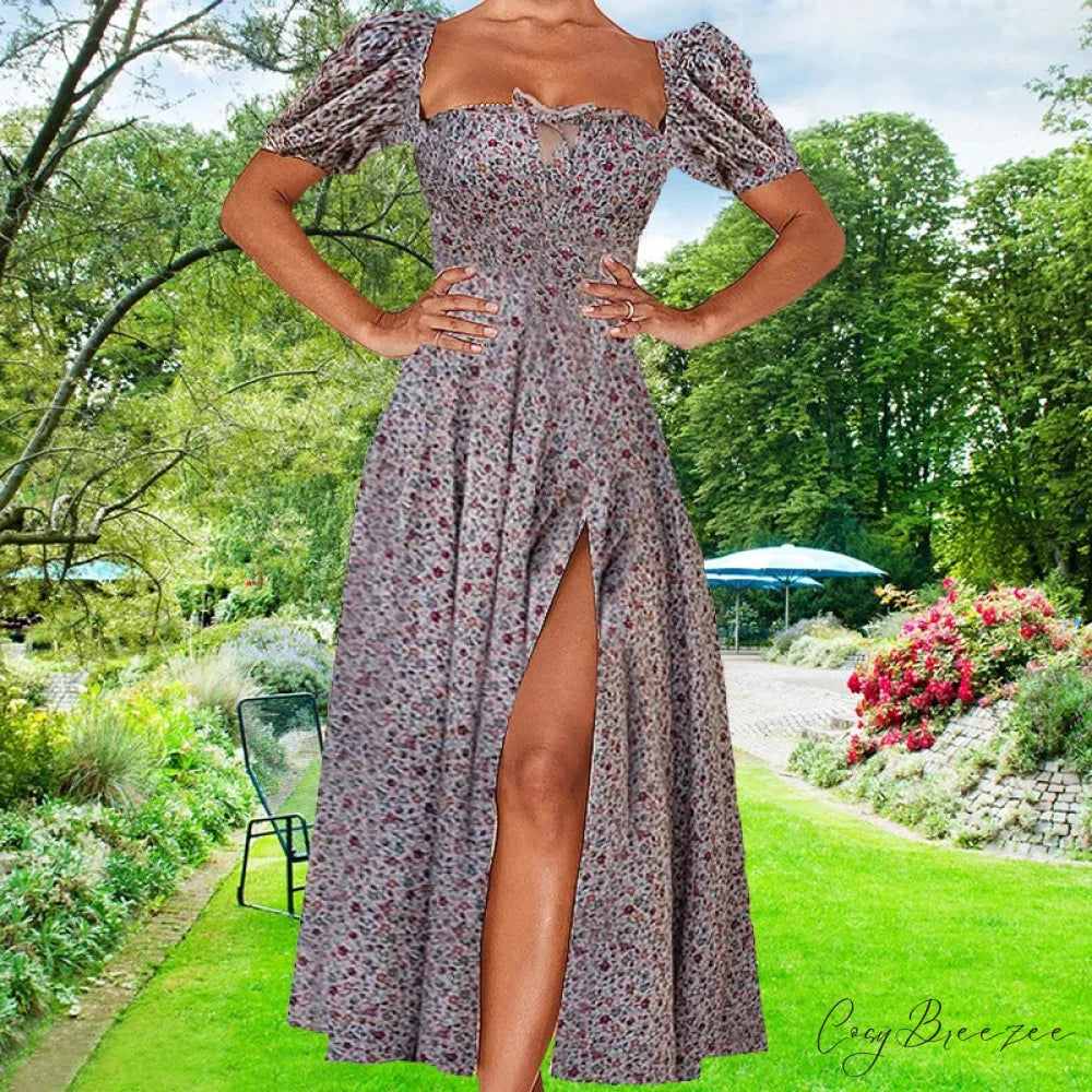 Small Fresh Floral Slim Fit Slit Camisole Dress GRAY / S floraldress-250126