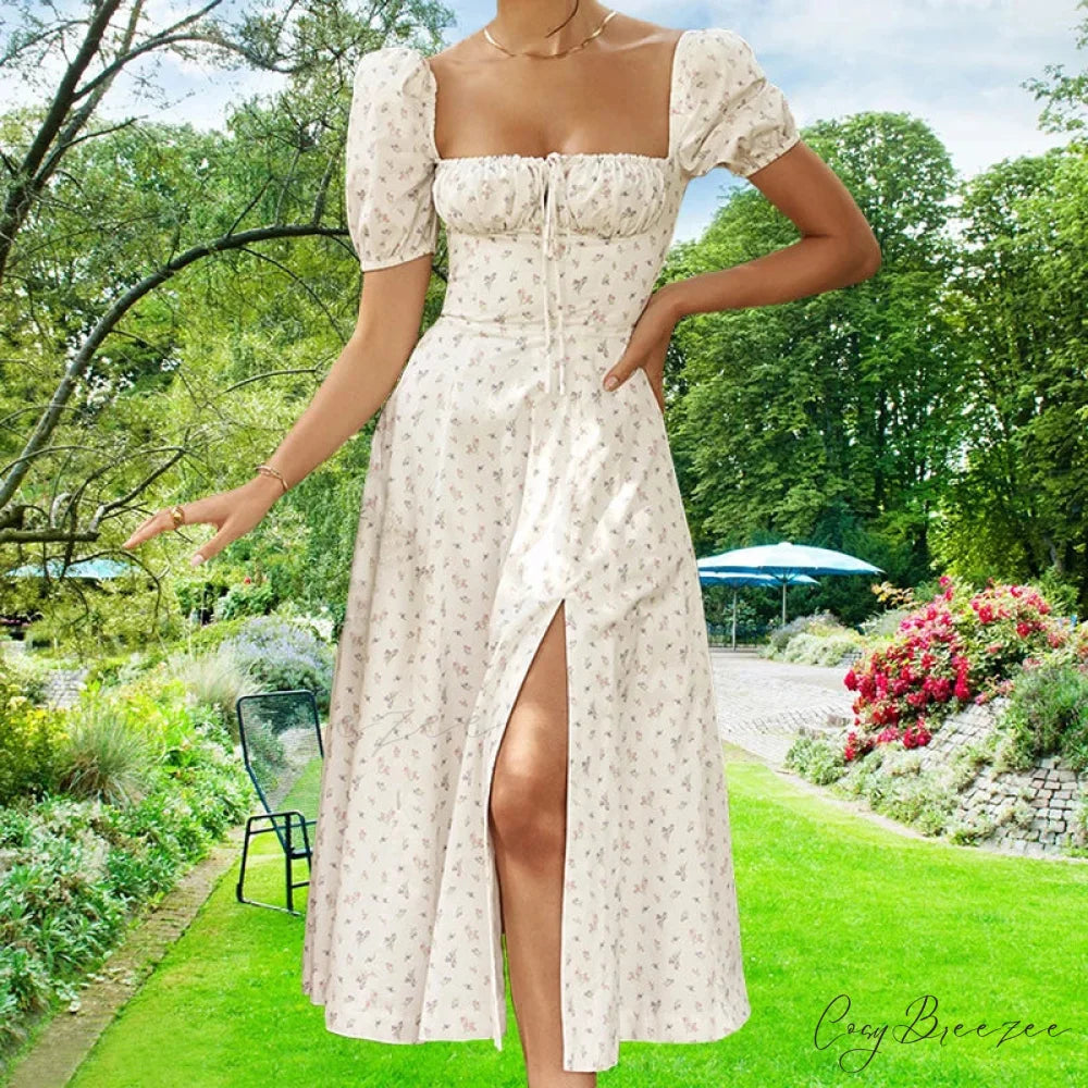 Small Fresh Floral Slim Fit Slit Camisole Dress Ivory / S floraldress-250126