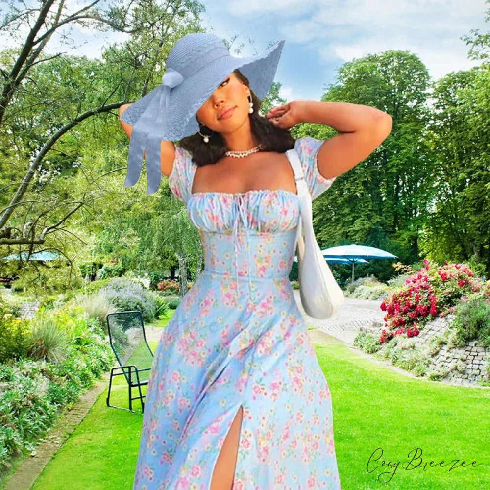 Small Fresh Floral Slim Fit Slit Camisole Dress Lake Blue / S floraldress-250126