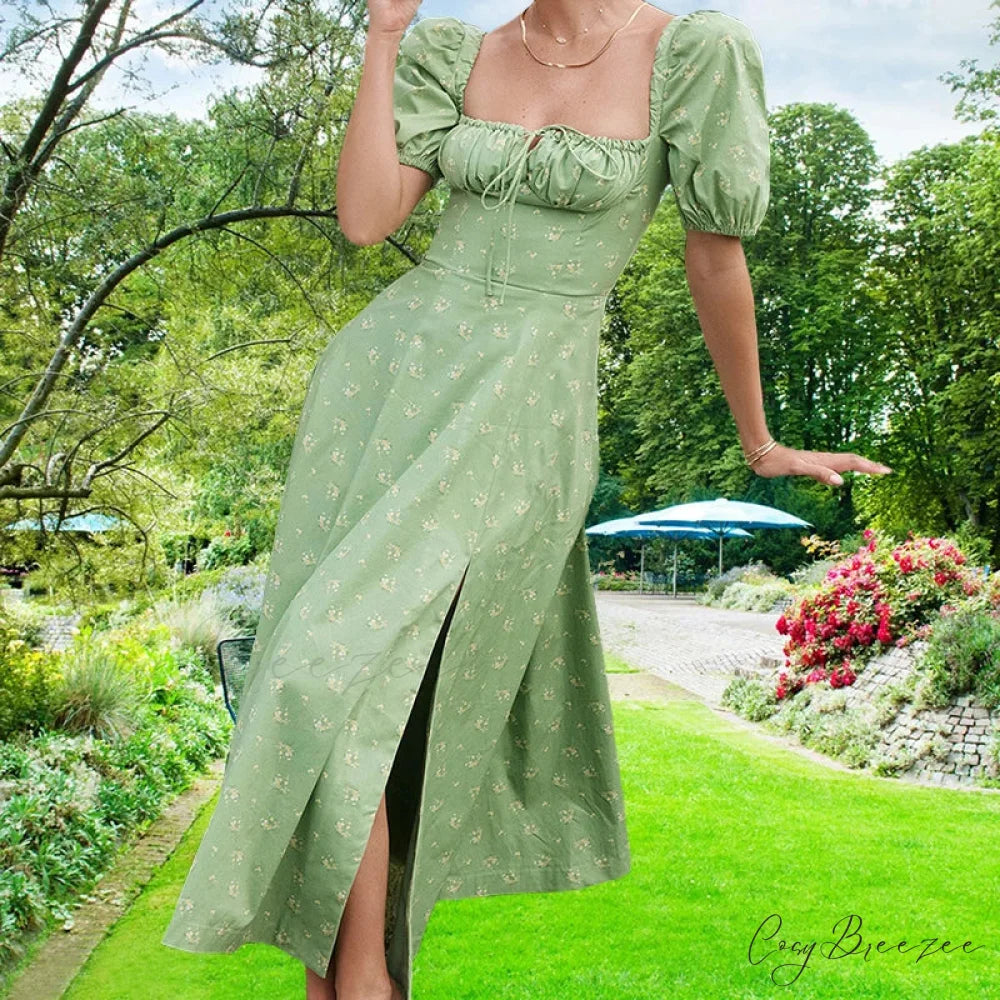 Small Fresh Floral Slim Fit Slit Camisole Dress Light Green / S floraldress-250126
