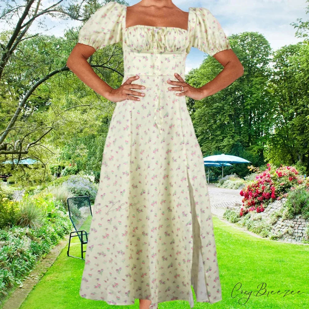 Small Fresh Floral Slim Fit Slit Camisole Dress Light Yellow / S floraldress-250126