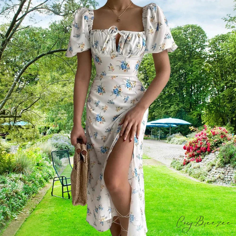 Small Fresh Floral Slim Fit Slit Camisole Dress WHITE / S floraldress-250126