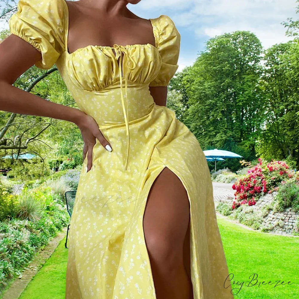Small Fresh Floral Slim Fit Slit Camisole Dress Yellow / S floraldress-250126