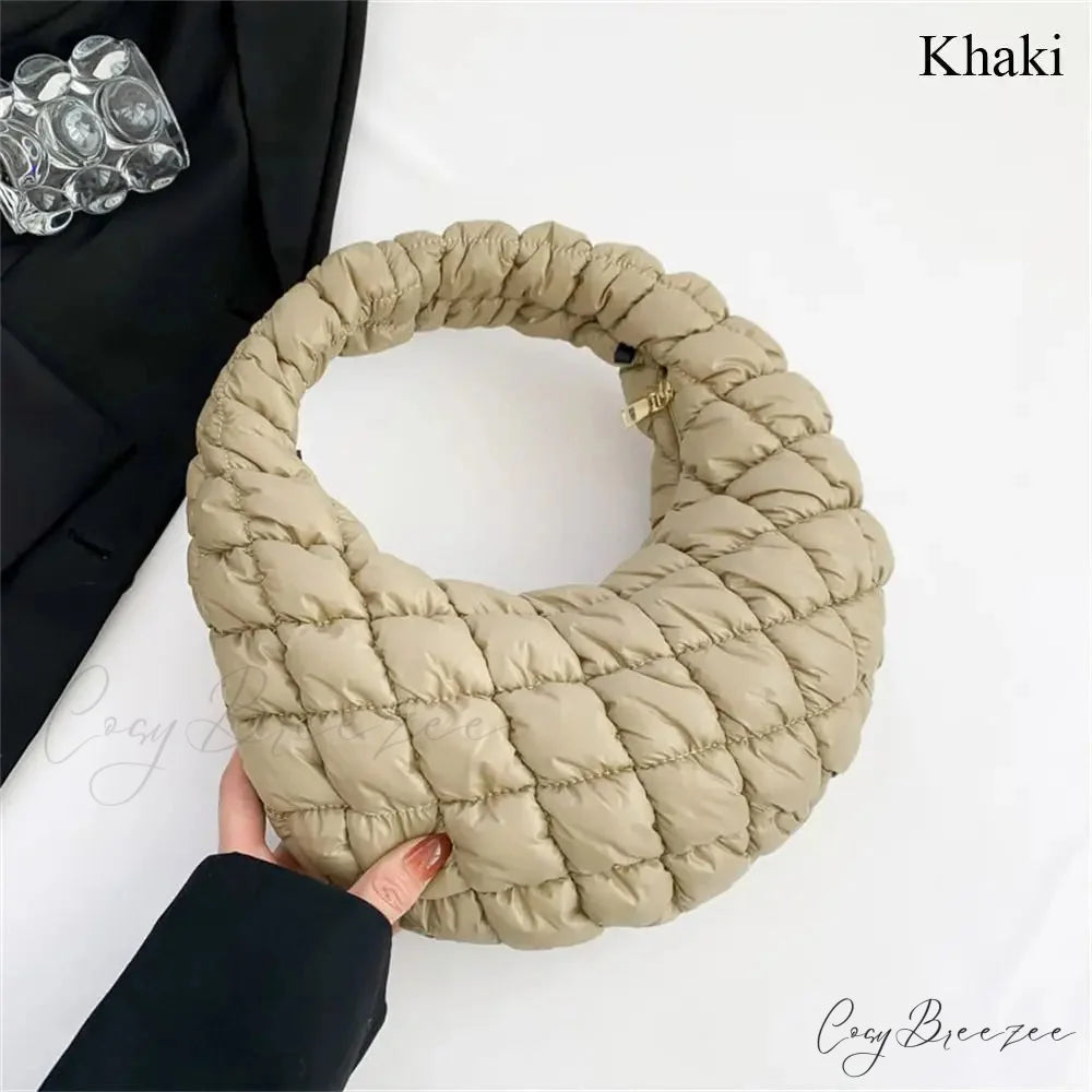 Small Quilted Cotton Padded Tote Handbag khaki handbag-250126