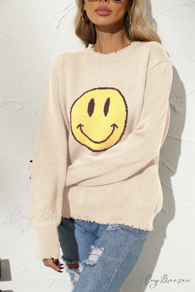 Smily Graphic Round Arm Face Long Neck Sweater Ivory / S