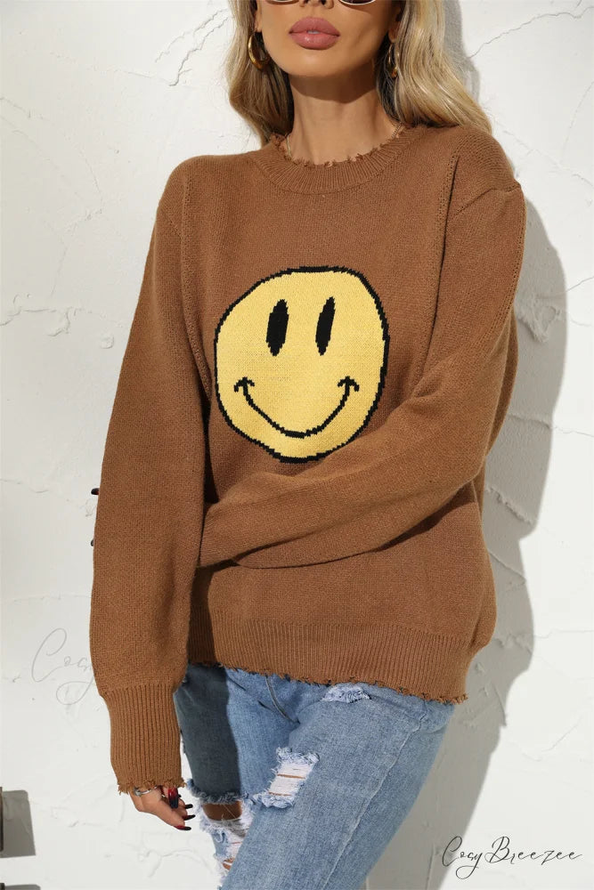Smily Graphic Round Arm Face Long Neck Sweater Taupe / S