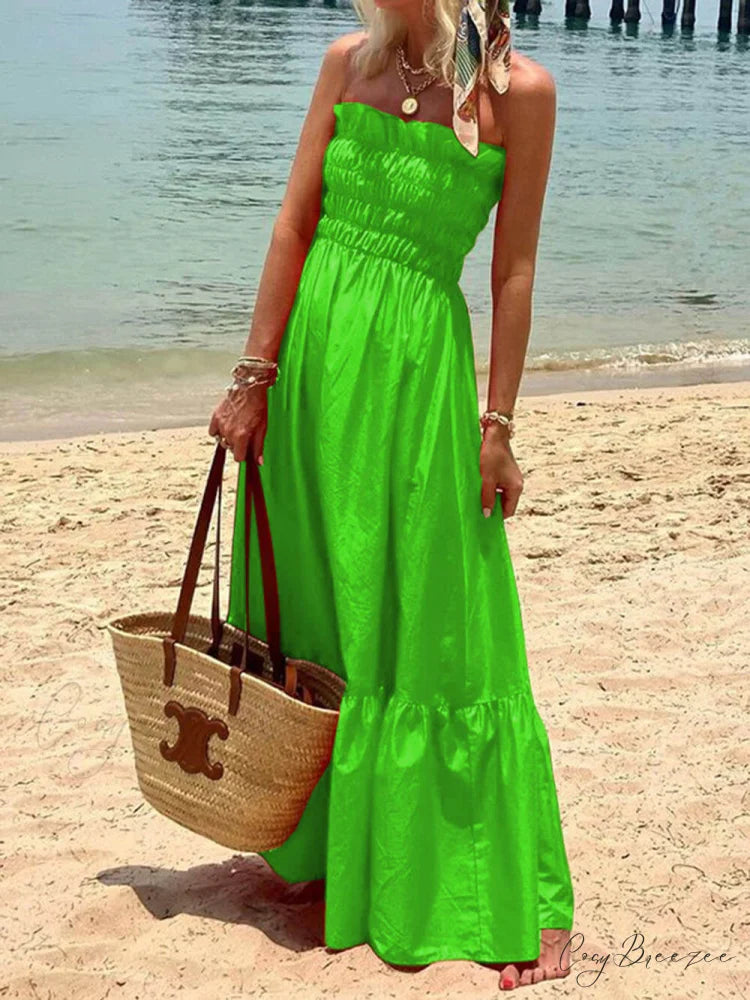 Smocked Bust Off Charming Shoulder Vacation Maxi Dress Green / S