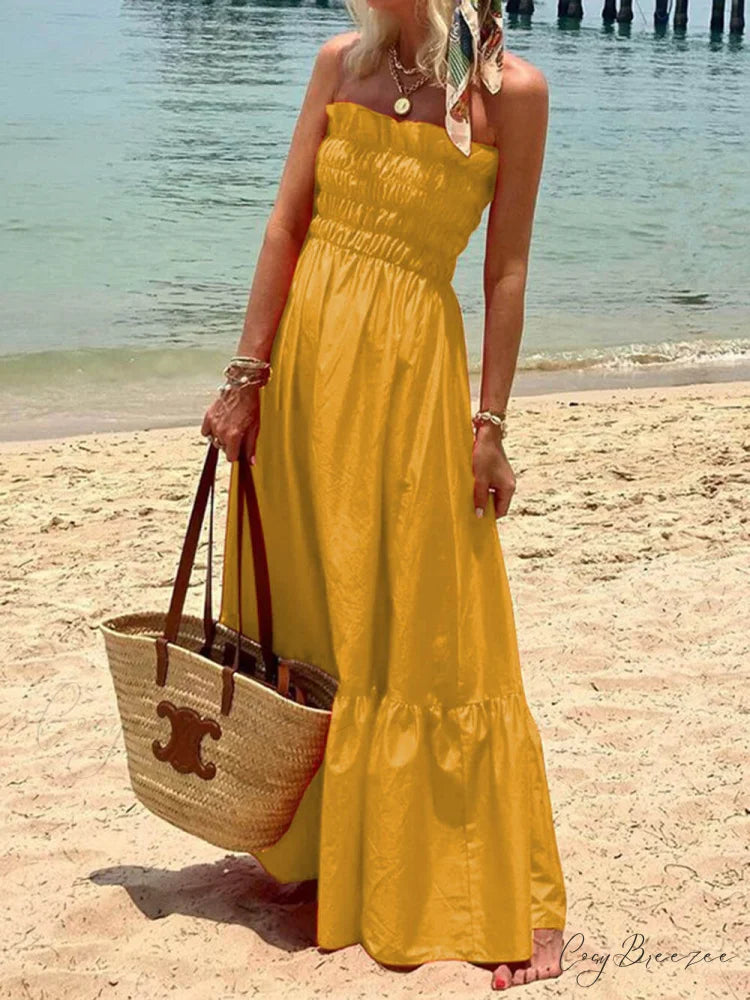 Smocked Bust Off Charming Shoulder Vacation Maxi Dress Yellow / S