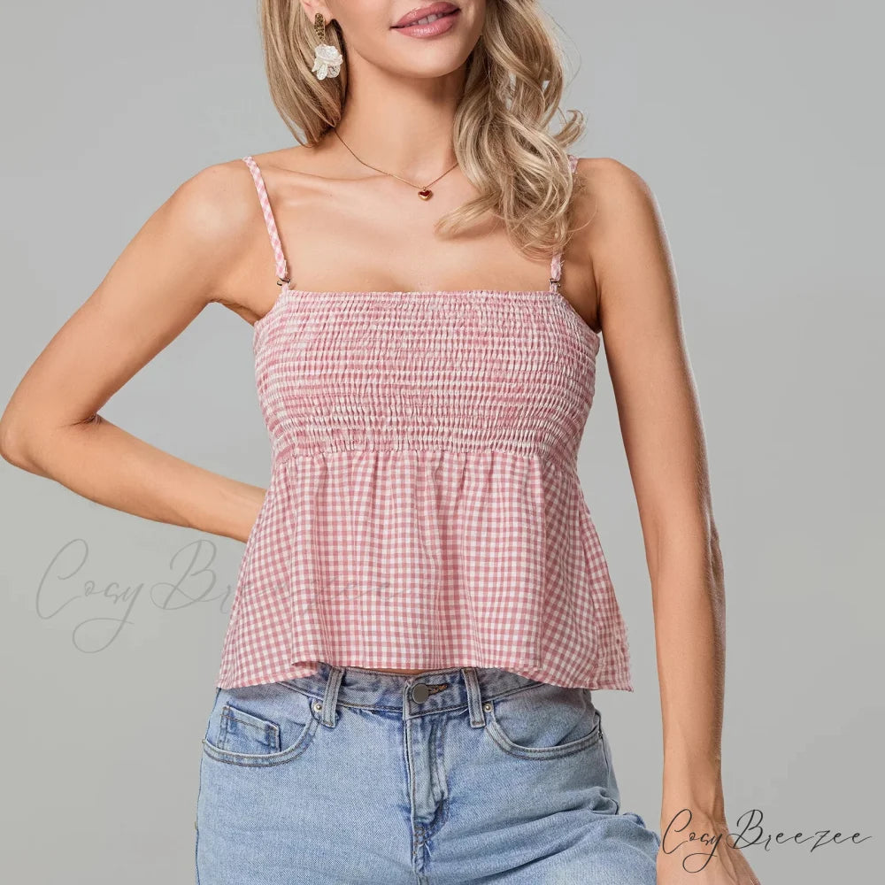Smocked Gingham Peplum Crop Top croptop-250223