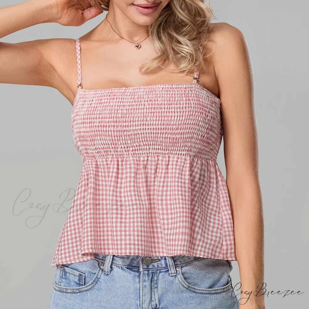 Smocked Gingham Peplum Crop Top Red / S croptop-250223