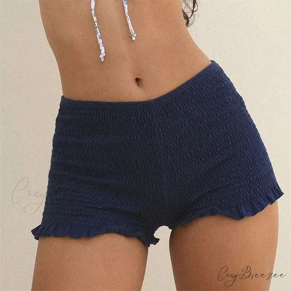 Smocked Ruffled Elastic Waist Shorts DEEP BLUE / S short-250223