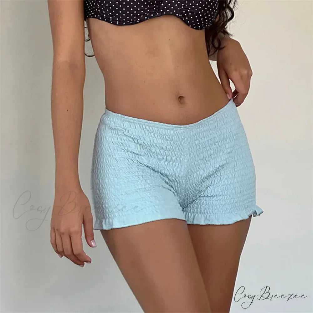 Smocked Ruffled Elastic Waist Shorts Light Blue / S short-250223