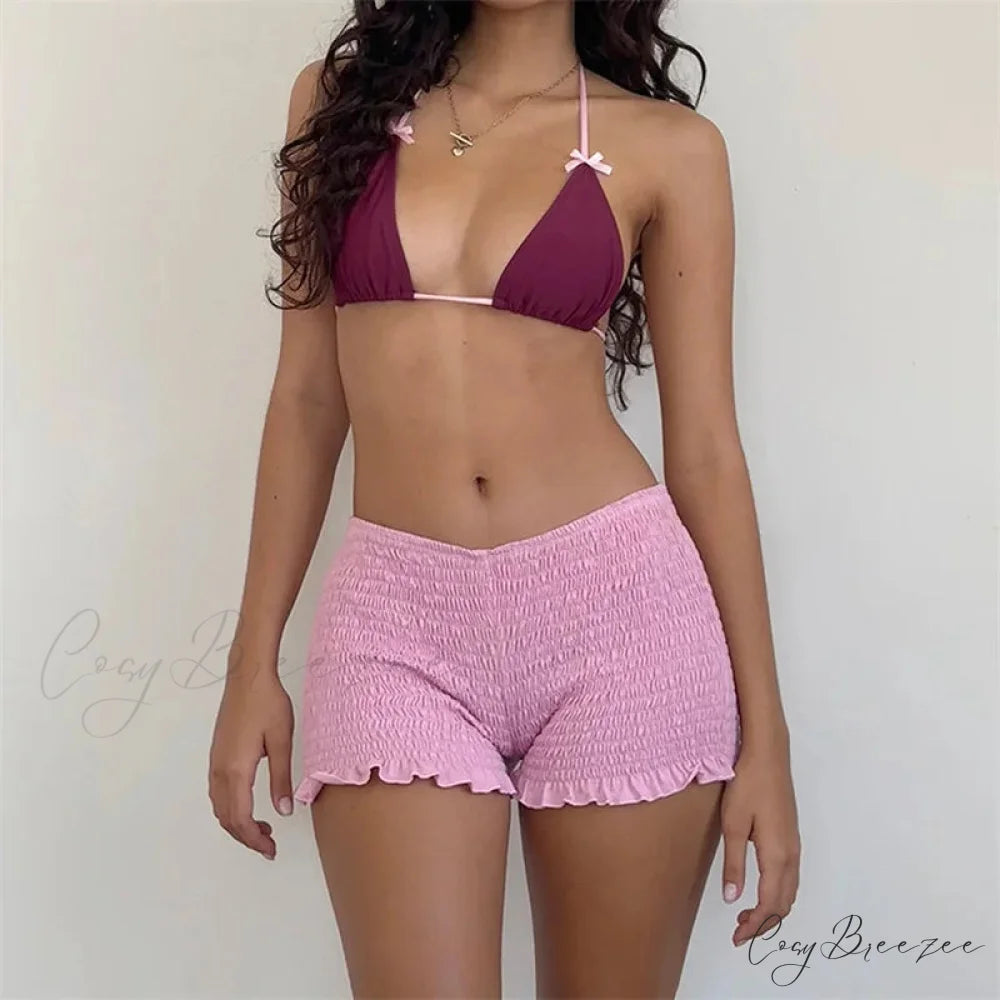 Smocked Ruffled Elastic Waist Shorts Pink / S short-250223