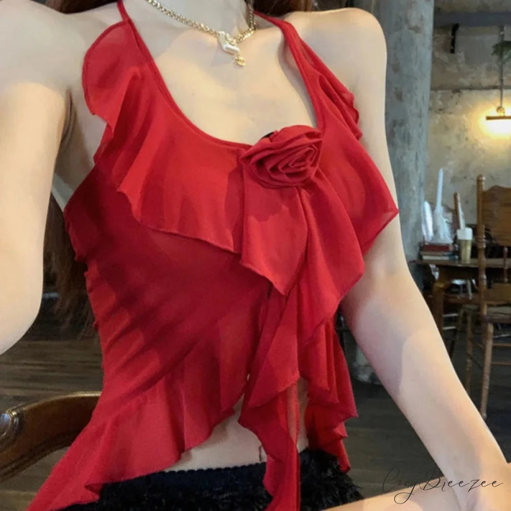 Smocked Ruffled Halter Crop Top Red / One Size croptop-250223