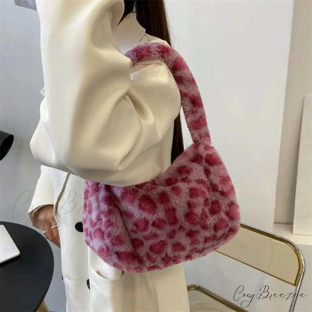 Soft Plush Leopard Shoulder Tote Handbag handbag-250126