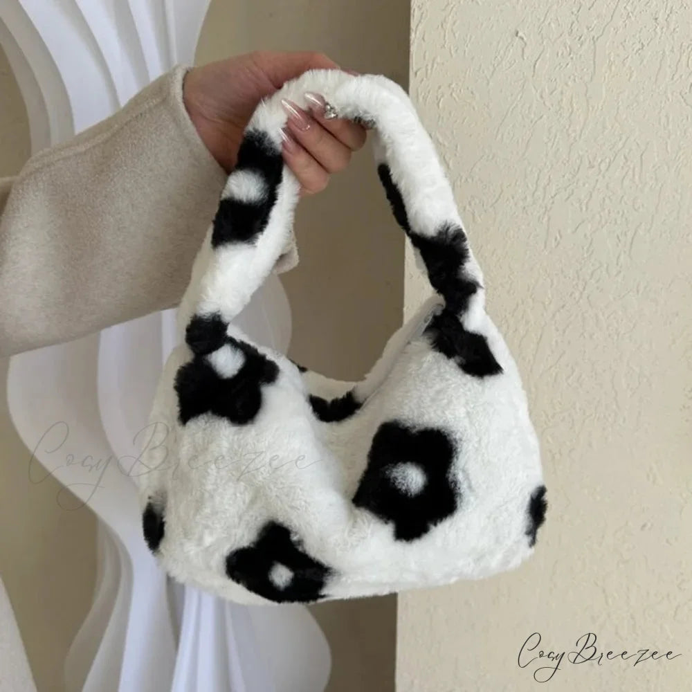 Soft Plush Leopard Shoulder Tote Handbag Flower handbag-250126