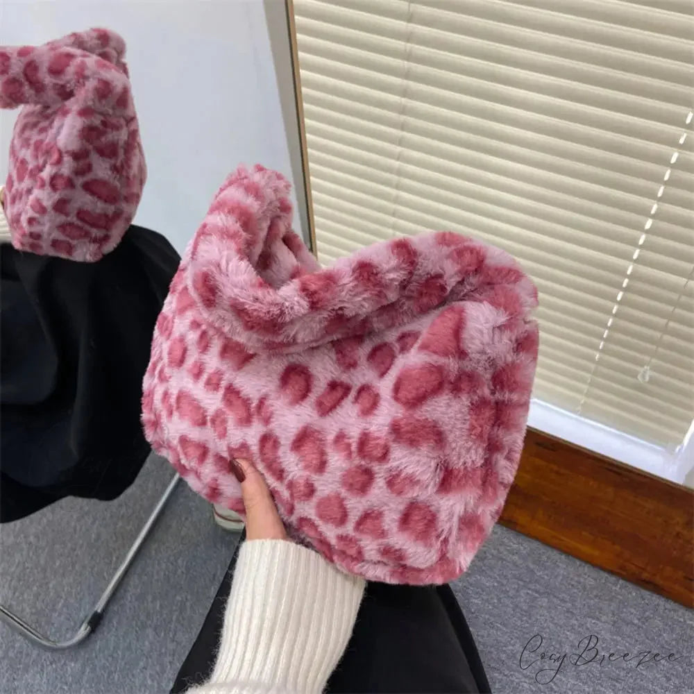 Soft Plush Leopard Shoulder Tote Handbag Pink leopard handbag-250126