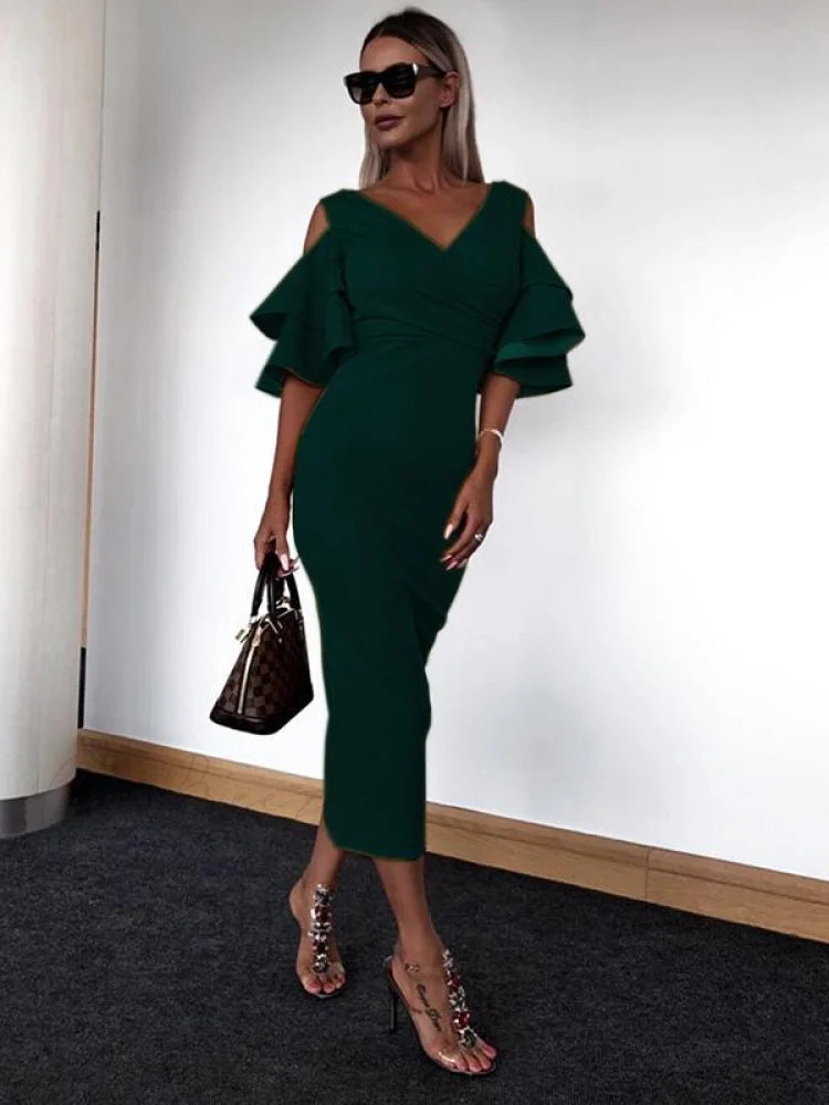 Soft V-neck Midi Dress with Unique Design S / WINE RED
