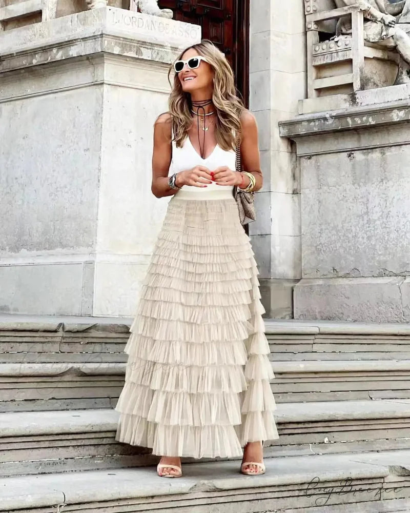 Solid Ball Gown High Waist Pleated Mesh Dating Maxi Skirt Apricot / S skirt-250126