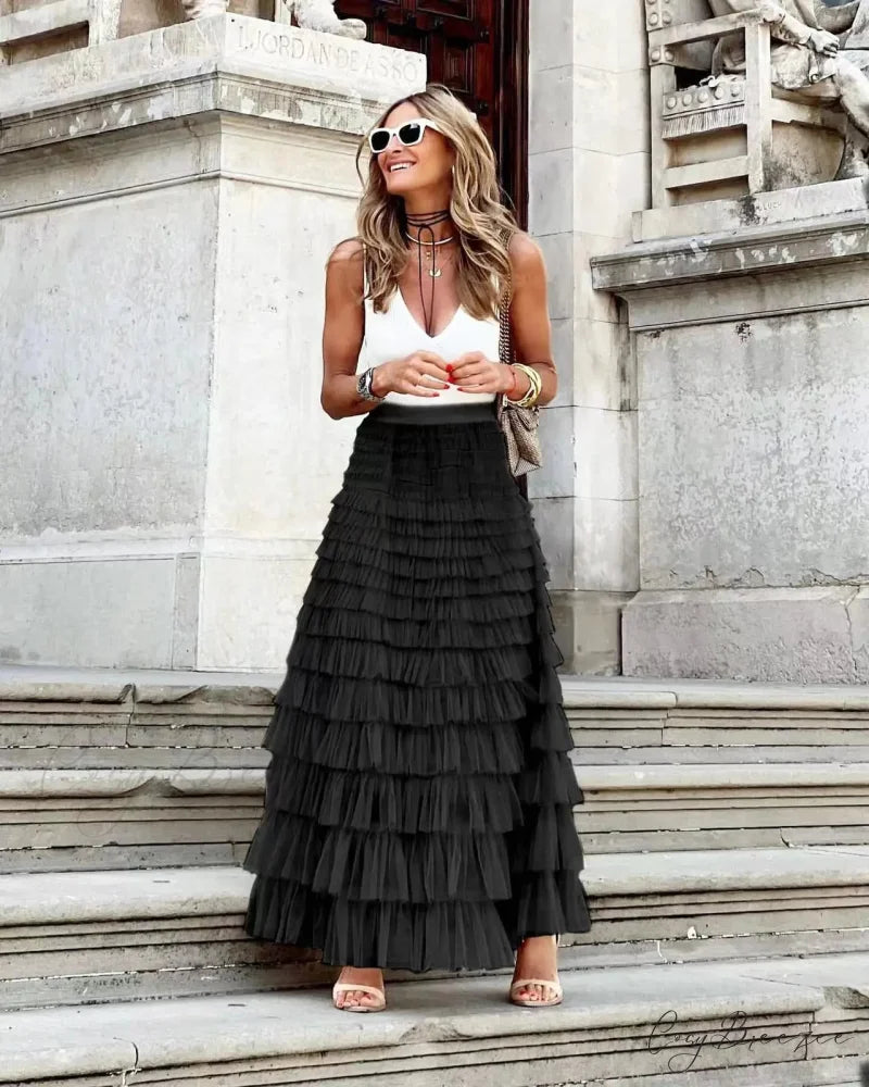 Solid Ball Gown High Waist Pleated Mesh Dating Maxi Skirt Black 1 / S skirt-250126