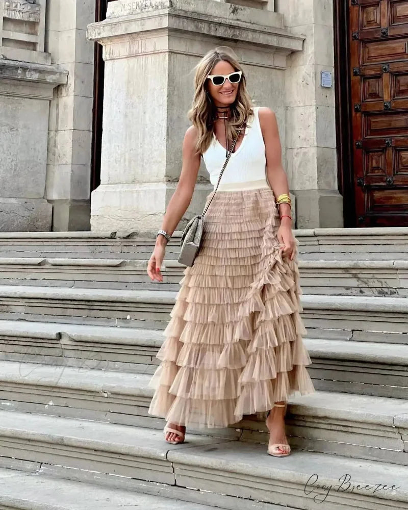 Solid Ball Gown High Waist Pleated Mesh Dating Maxi Skirt Khaki / S skirt-250126