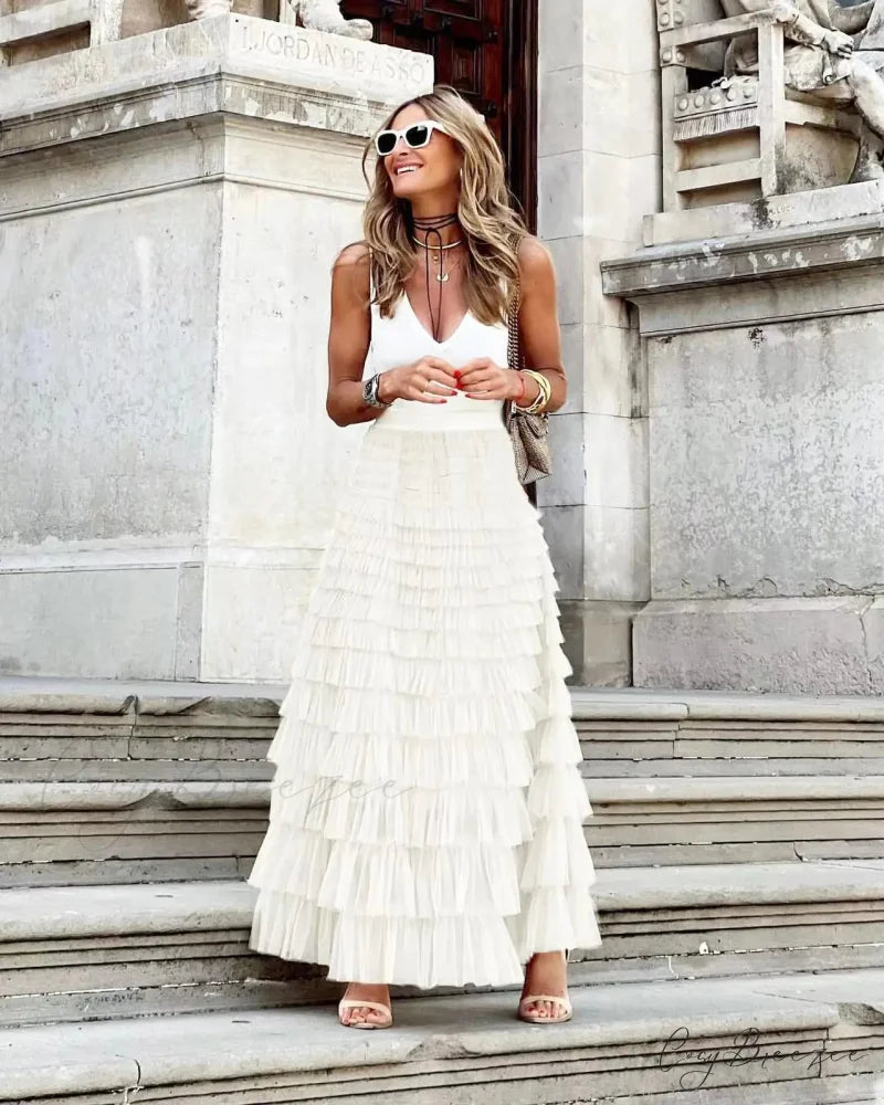 Solid Ball Gown High Waist Pleated Mesh Dating Maxi Skirt White1 / S skirt-250126