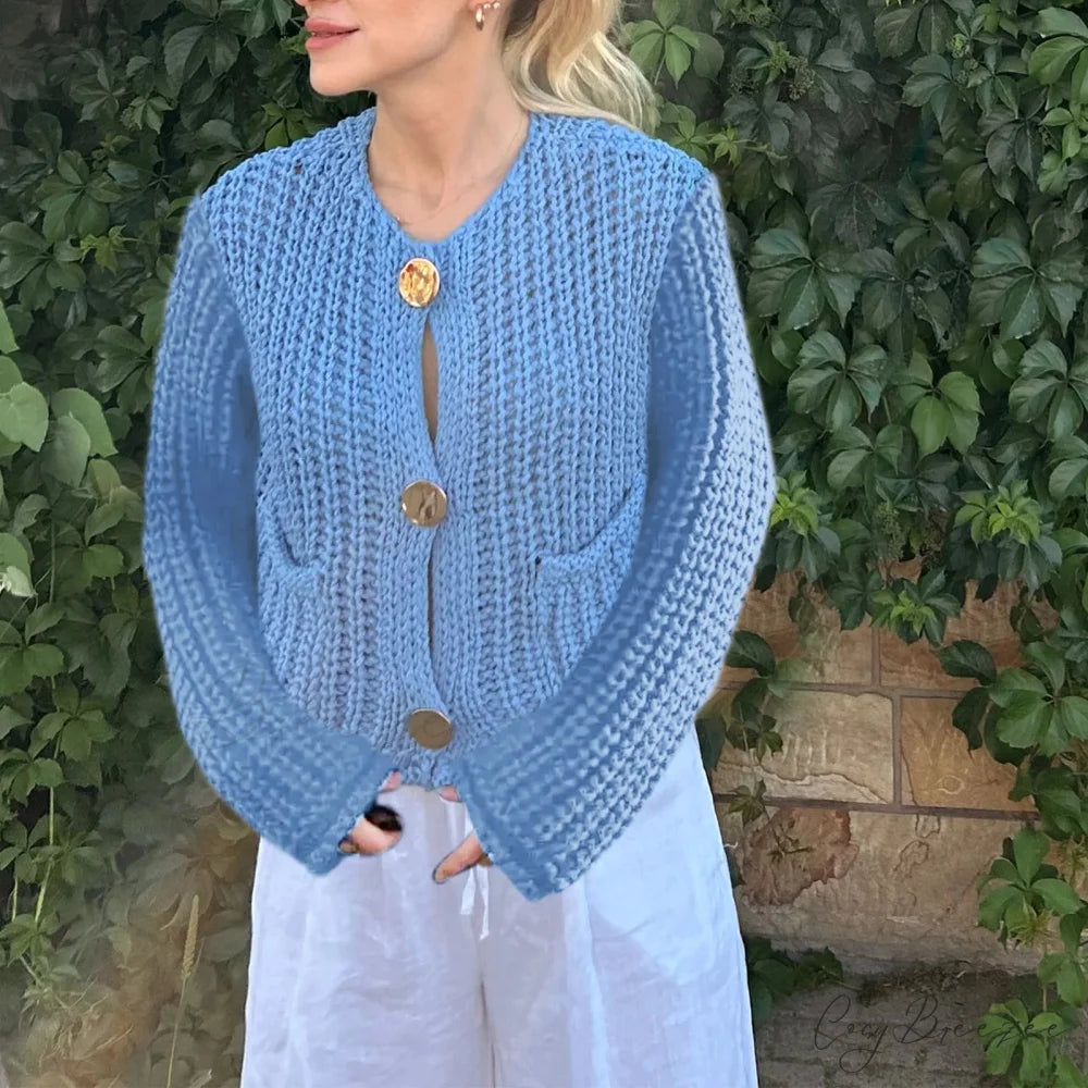 Solid Button-Down V-Neck Casual Knit Cardigan Blue / S cardiagn-250126