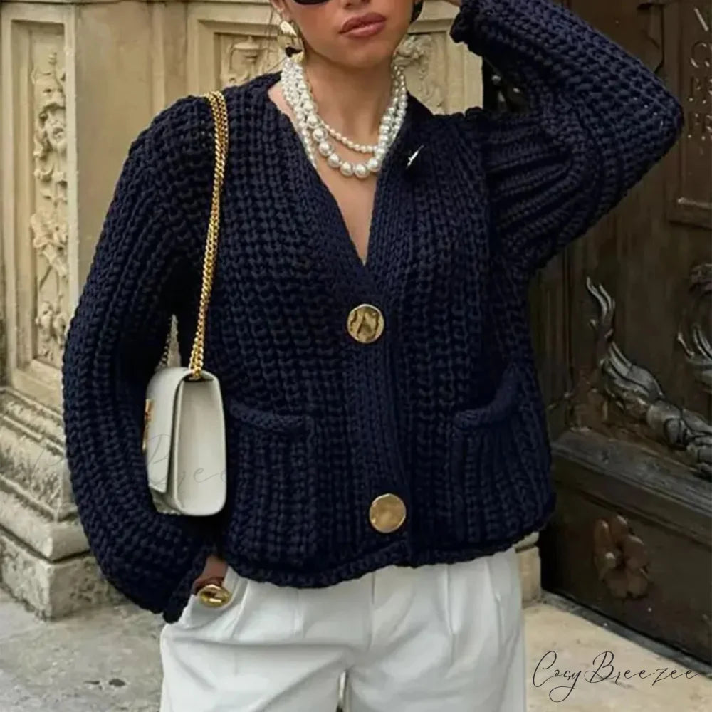 Solid Button-Down V-Neck Casual Knit Cardigan cardiagn-250126