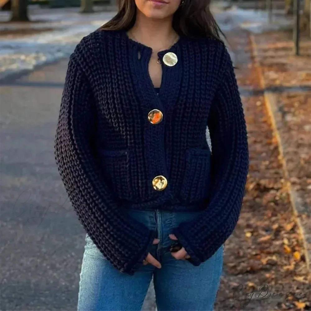 Solid Button-Down V-Neck Casual Knit Cardigan cardiagn-250126