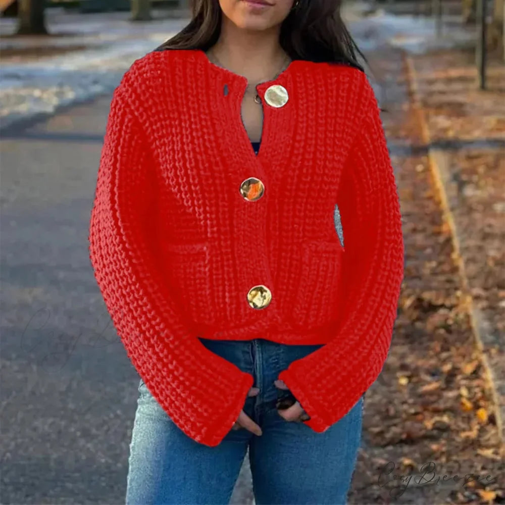 Solid Button-Down V-Neck Casual Knit Cardigan Red / S cardiagn-250126
