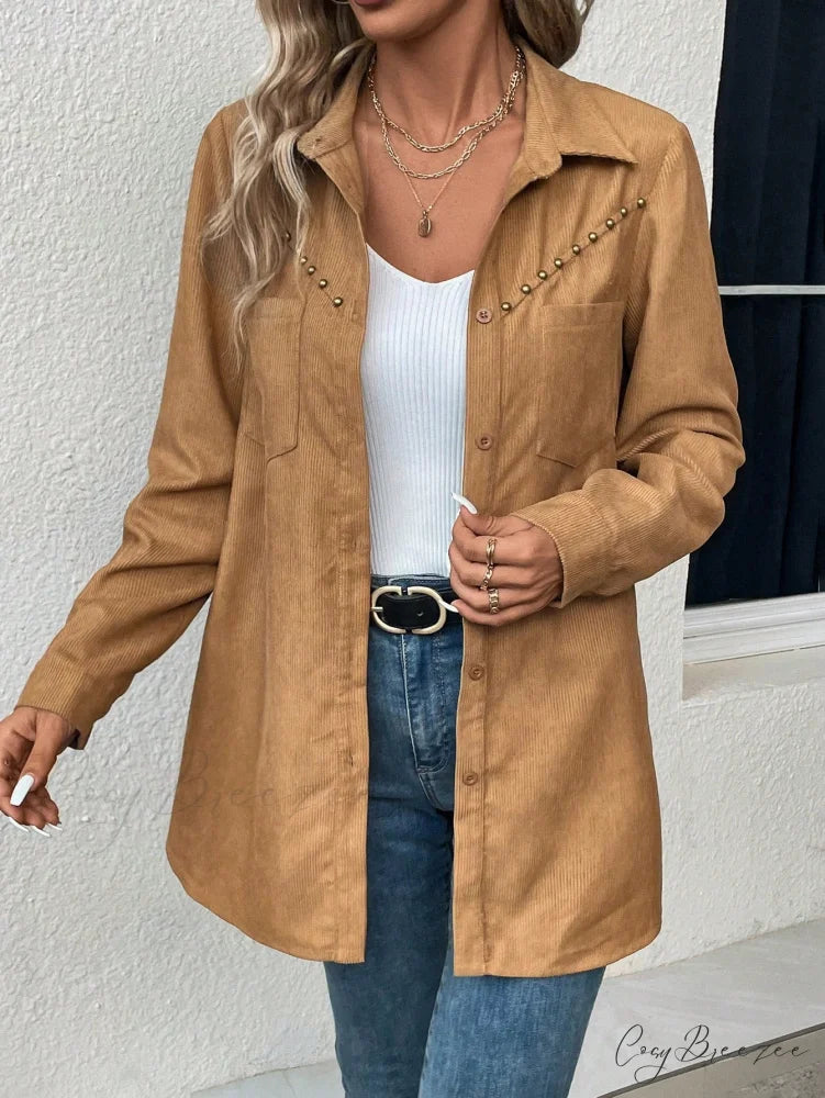Solid Button Front Pocket Patched Coat