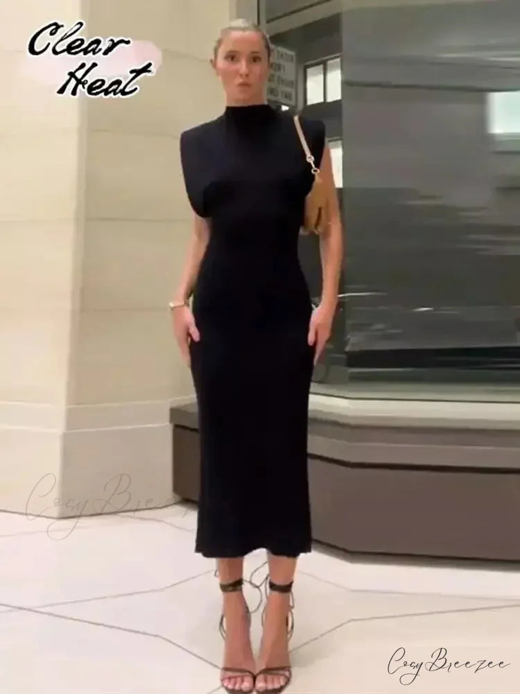 Solid Chic High Waisted Sexy Rear Split Office Lady Commuting Midi Dress