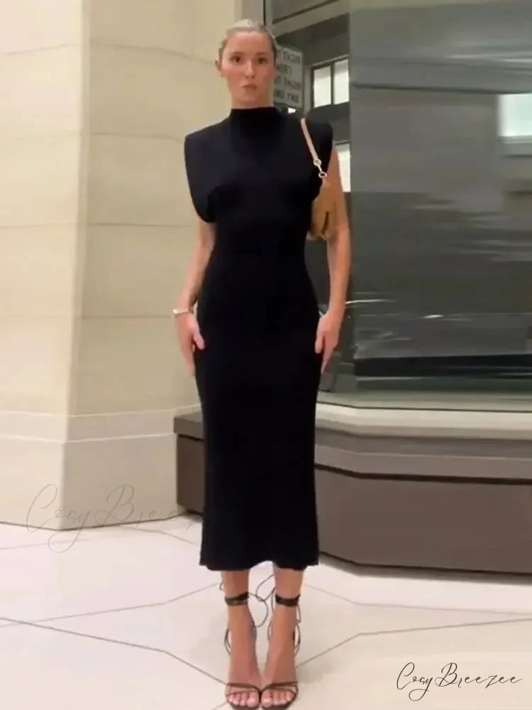 Solid Chic High Waisted Sexy Rear Split Office Lady Commuting Midi Dress BLACK / S