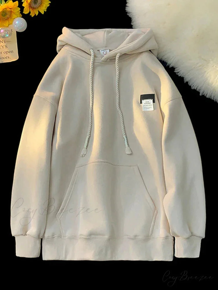 Solid Color Appliqu Oversized Fleece Hoodie Beige / M(40-45KG) hoodies-241228