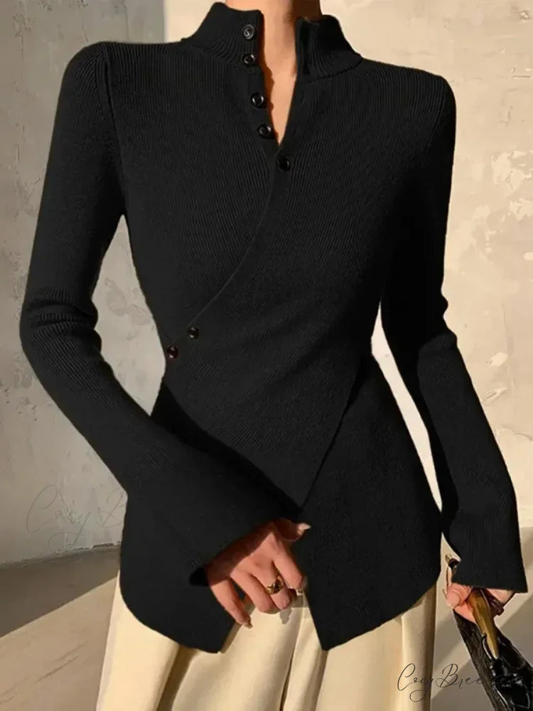 Solid Color Asymmetric Long Sleeve Sweater Black / S swraters-241228