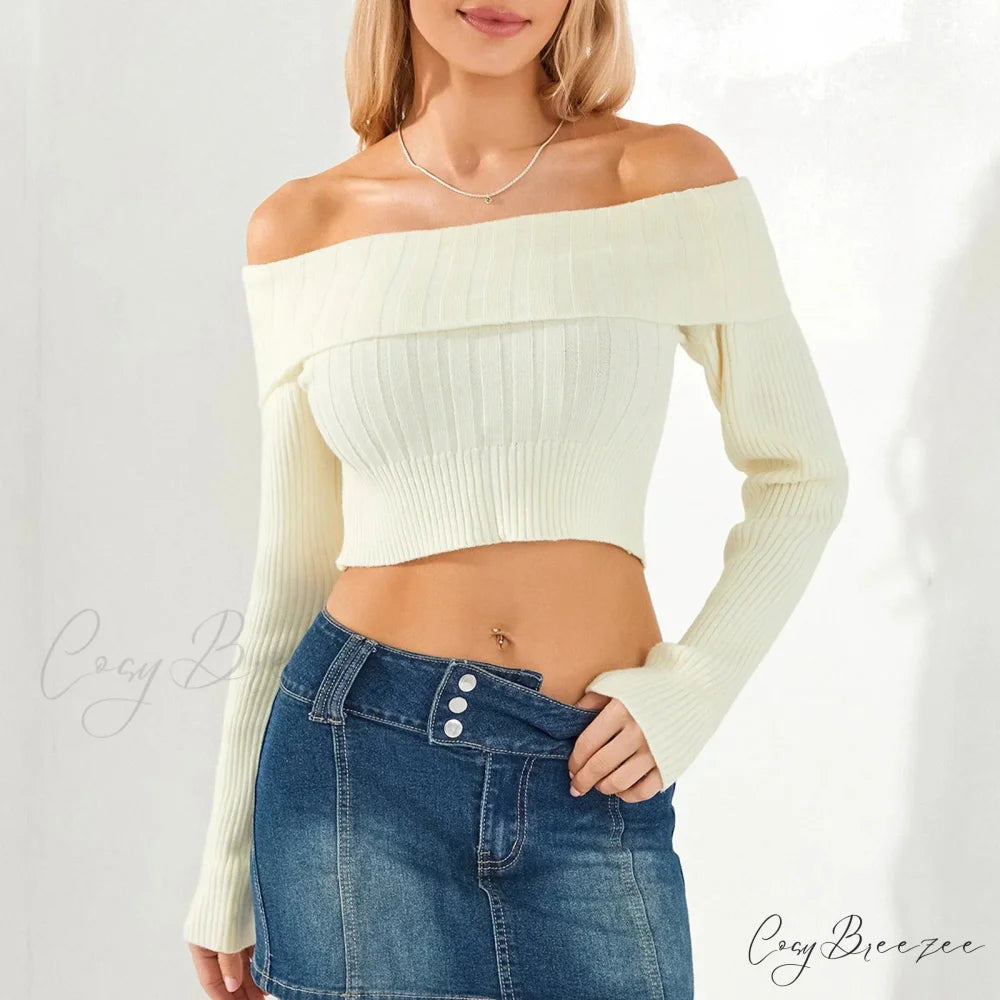 Solid Color Boat Neck Crop Sweater Beige / S swraters-241228