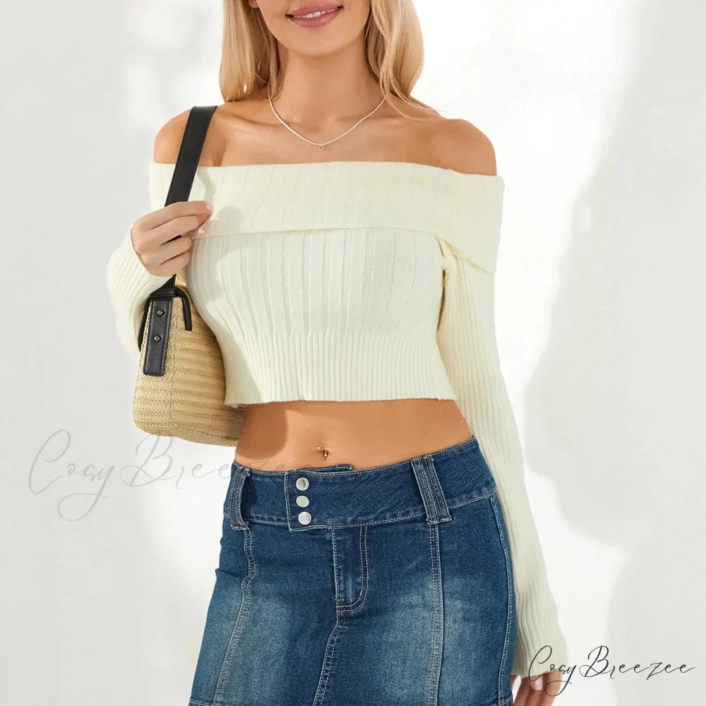 Solid Color Boat Neck Crop Sweater swraters-241228