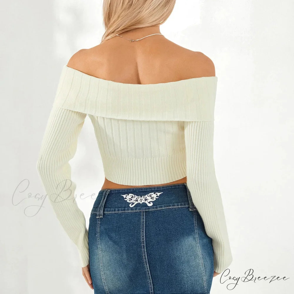 Solid Color Boat Neck Crop Sweater swraters-241228